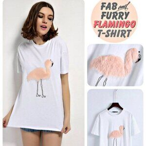 Furry Pink Flamingo White Womens T-Shirt NEW